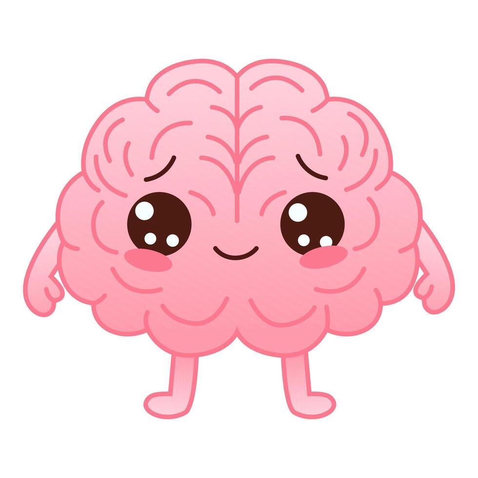 söt rosa färgad hjärna karaktär med leende på en vit bakgrund. platt stil tecknad serie hjärna karaktär design. vektor maskot illustration mänsklig organ ikon design