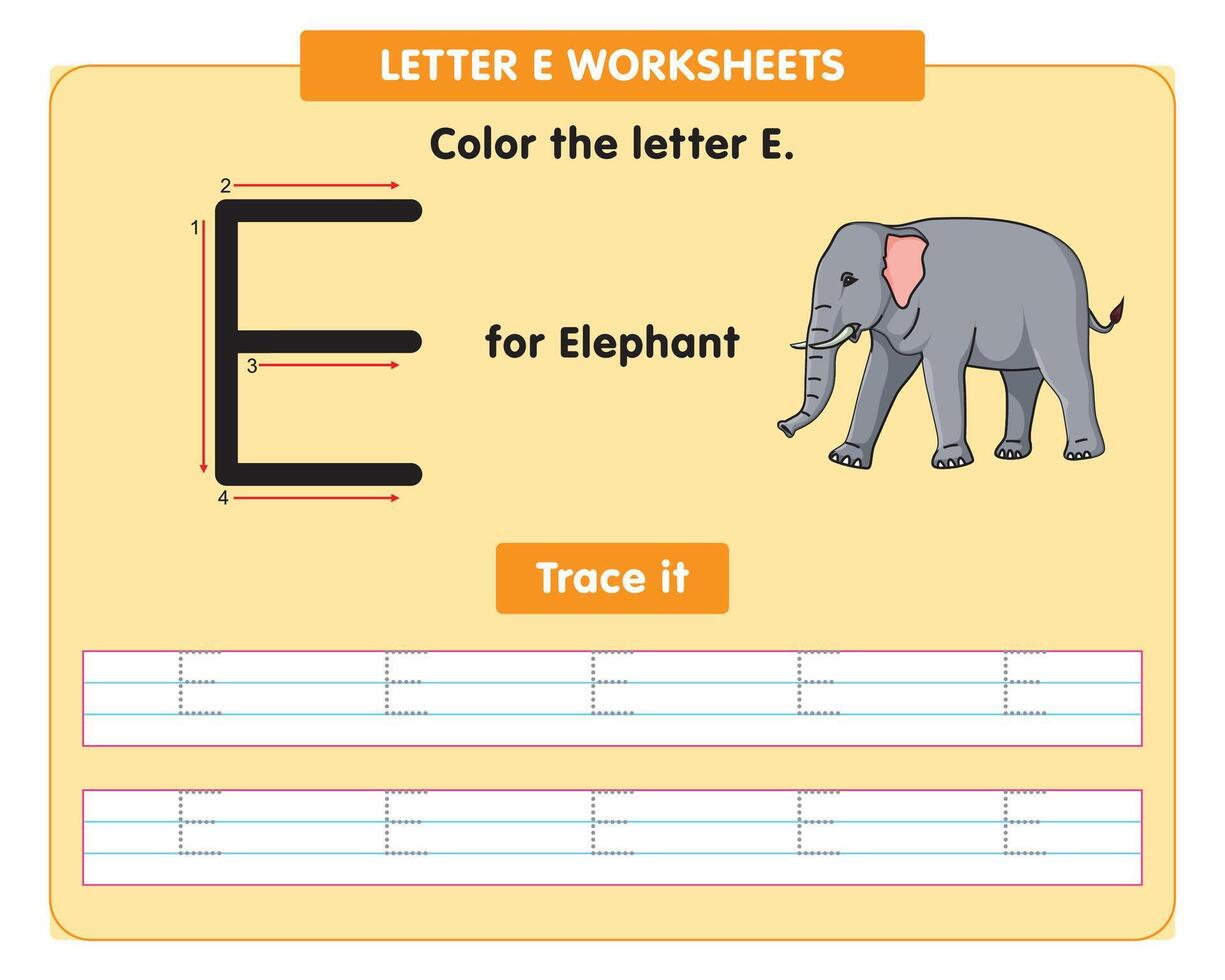 alfabet spårande kalkylblad med huvudstad brev e vektor