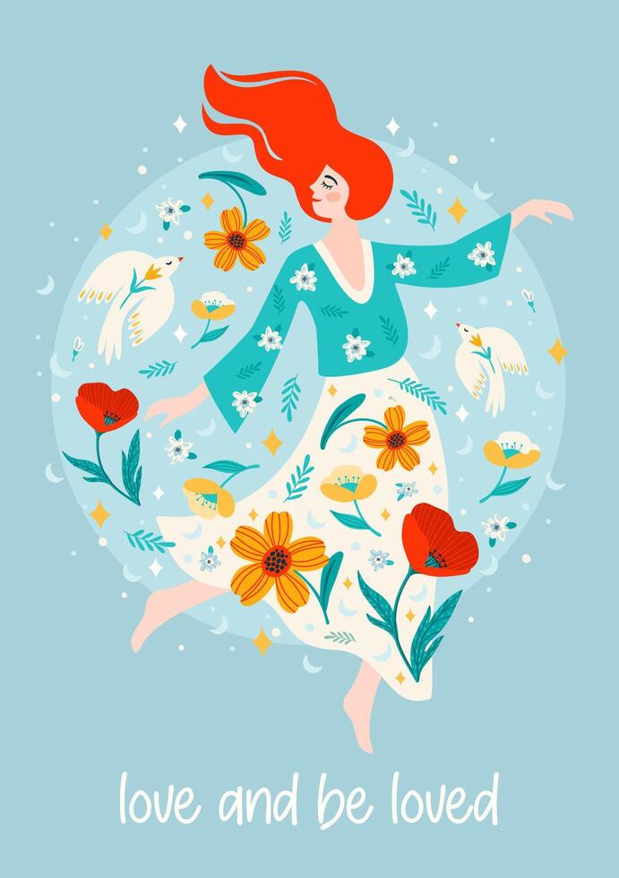 Illustration mit Frau, Blumen und Vögel. Vektor Design Konzept zum International Frauen s Tag und andere verwenden