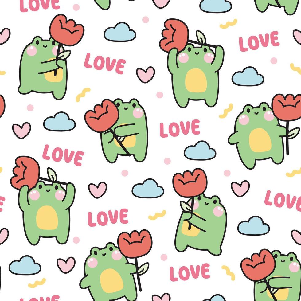 sömlös mönster av söt groda håll röd reste sig blomma med hjärta och moln på vit bakgrund.reptil djur- karaktär tecknad serie design.valentines dag.kärlek word.kawaii.vector.illustration. vektor