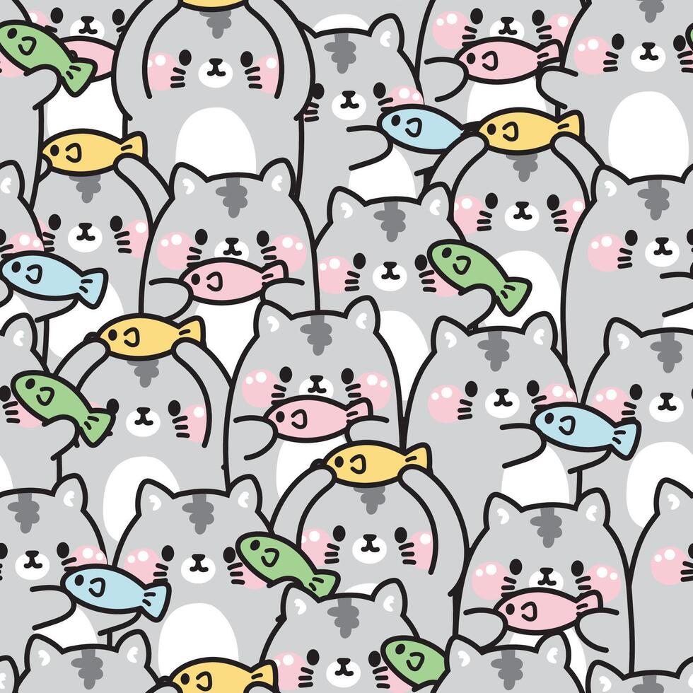 wiederholen.nahtlos Muster von süß Katze mit Fisch im verschiedene posiert Hintergrund.pet Tier Charakter Karikatur design.meow Liebhaber.Bild zum Karte, Poster, Baby kleidung.kawaii.vektor.illustration. vektor