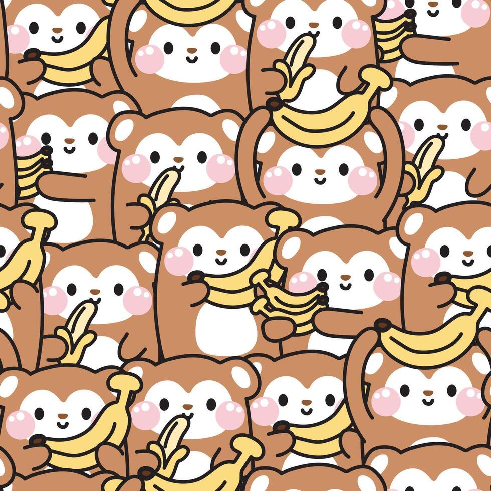 wiederholen.nahtlos Muster von süß Affe mit Banane im verschiedene posiert auf Weiß Hintergrund.wild Tier Charakter Karikatur Design Sammlung.Bild zum Karte, Poster, Baby kleidung.kawaii.vektor.illustration. vektor