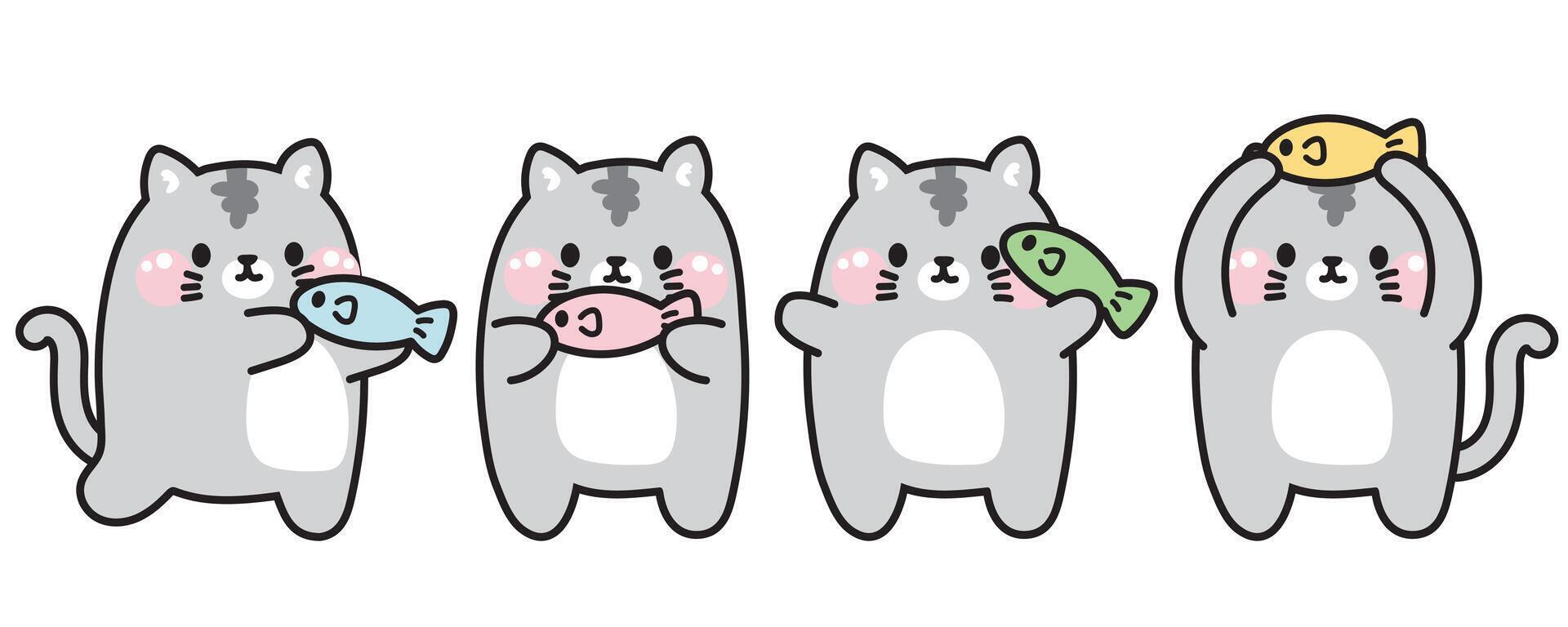 uppsättning av söt katt med fisk i olika poser på vit bakgrund.husdjur djur- karaktär tecknad serie design.mjau lover.kawaii.vector.illustration. vektor