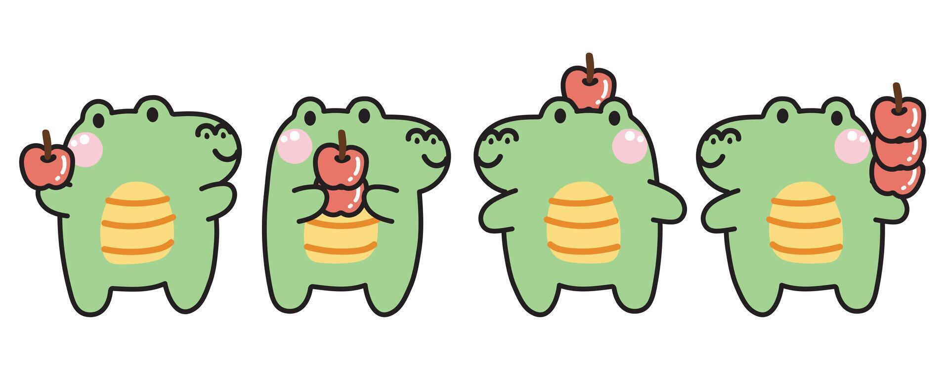 uppsättning av söt krokodil med äpple i olika poser på vit bakgrund.reptil djur- karaktär tecknad serie design collection.kid graphic.fruit.kawaii.vector.illustration vektor