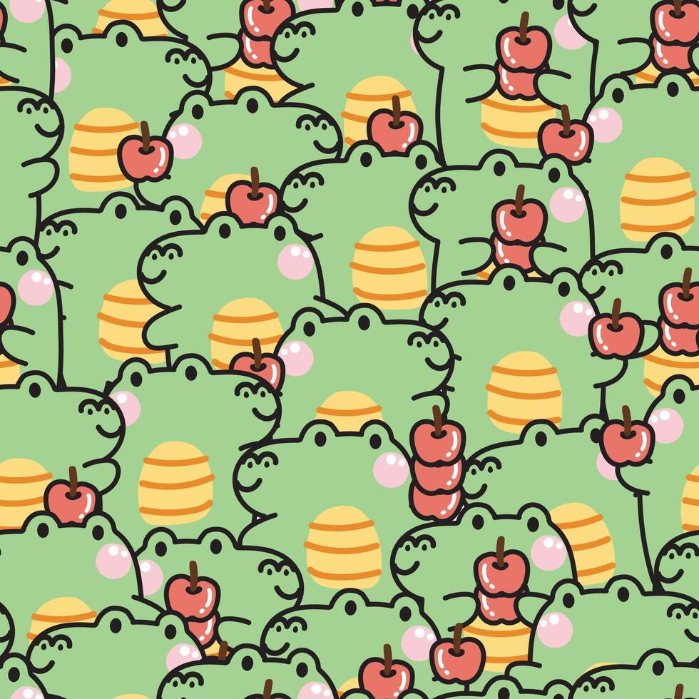 upprepa.sömlös mönster av söt krokodil med äpple i olika poser bakgrund.reptil djur- karaktär tecknad serie design.kid graphic.fruit.kawaii.vector.illustration vektor