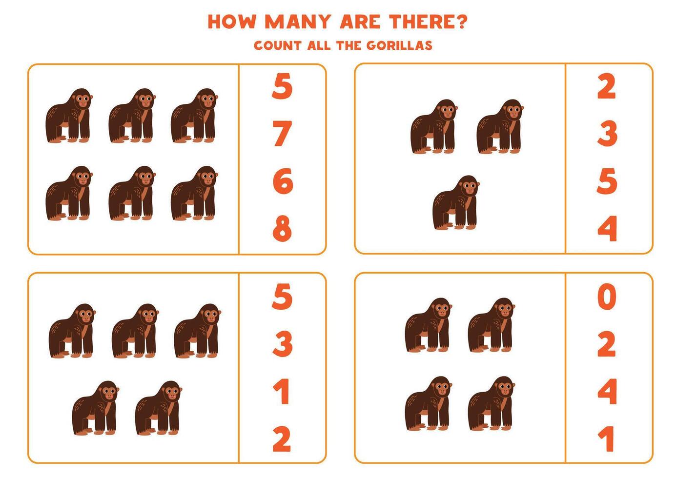 räkning spel med tecknad serie brun gorillor. pedagogisk arbetsblad. vektor