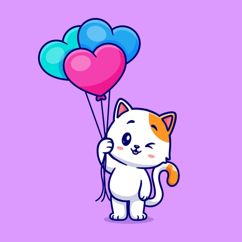 süß Katze halten Liebe Herz Ballon Karikatur Vektor Symbol Illustration. Tier Natur Symbol Konzept isoliert Prämie Vektor. eben Karikatur Stil