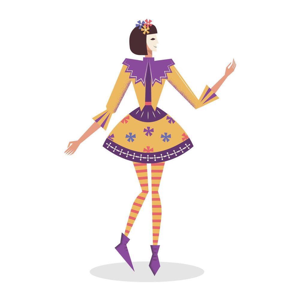 en karaktär från de venetian festival. maskerad kostym av en docka. glad harlekin i gul klänning. platt vektor illustration isolerat på vit bakgrund.