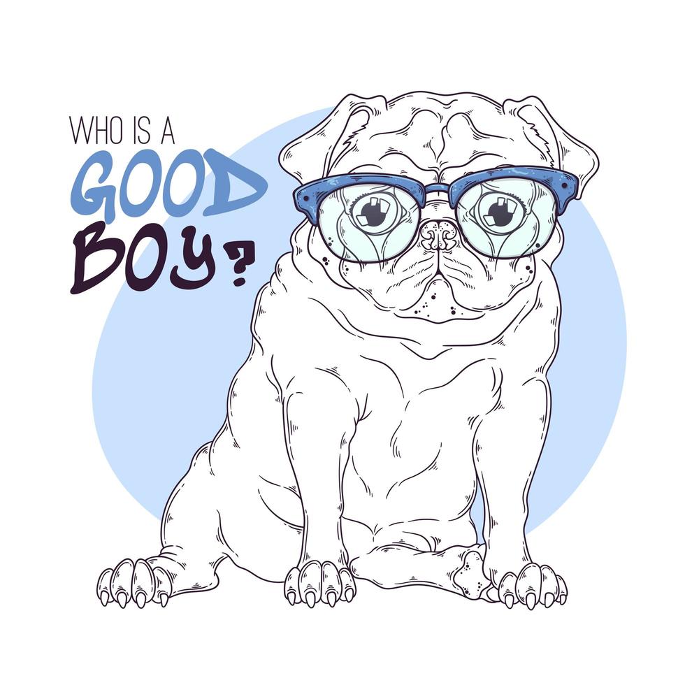 handritad illustration av den söta mopshunden i glasögonvektor. vektor