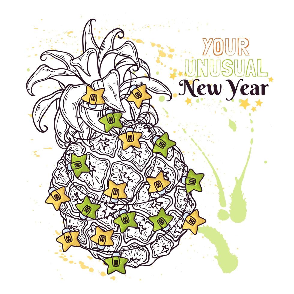 Vektor handgezeichnete Ananas sind mit Laternen des neuen Jahres verziert.
