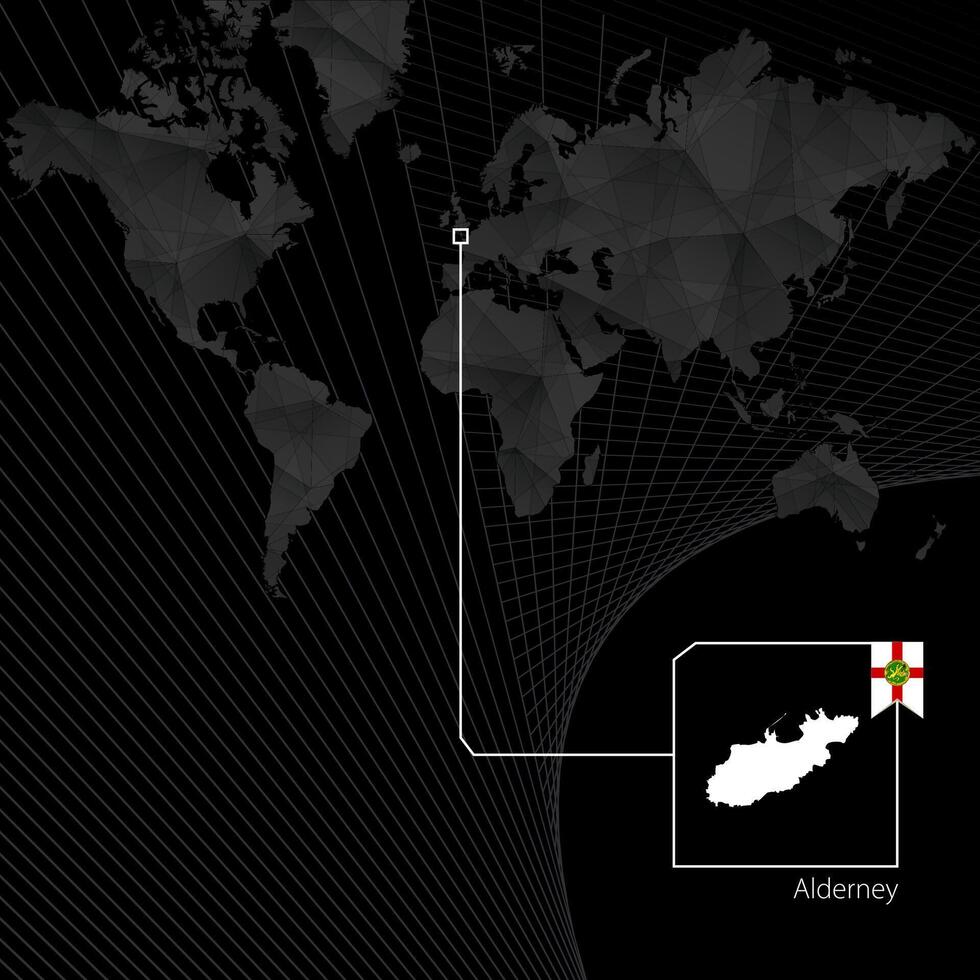 alderney på svart värld Karta. Karta och flagga av alderney. vektor