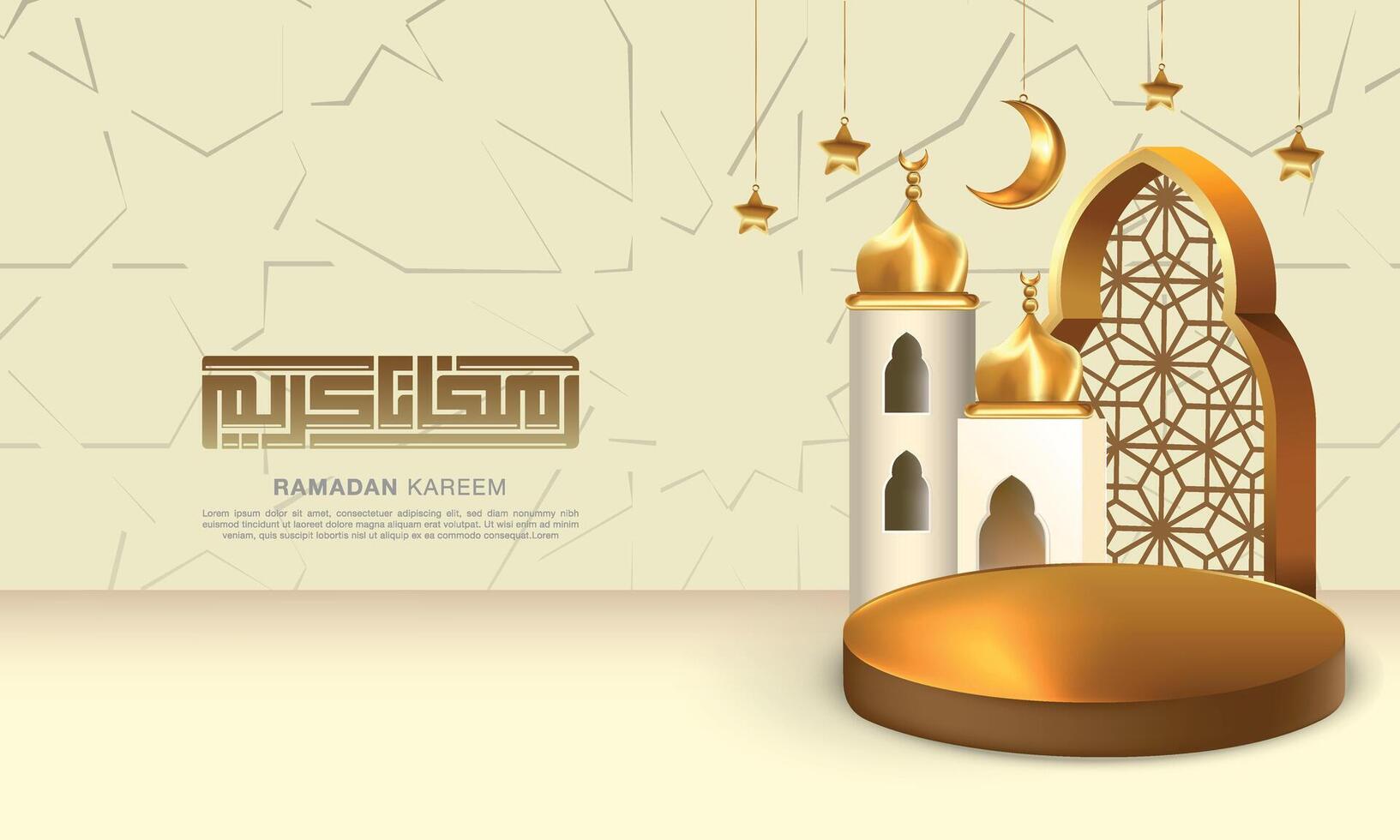 ramadan karim arabicum typografi , 3d modern islamic , minaret och månen , dislay podium, guld Färg vektor