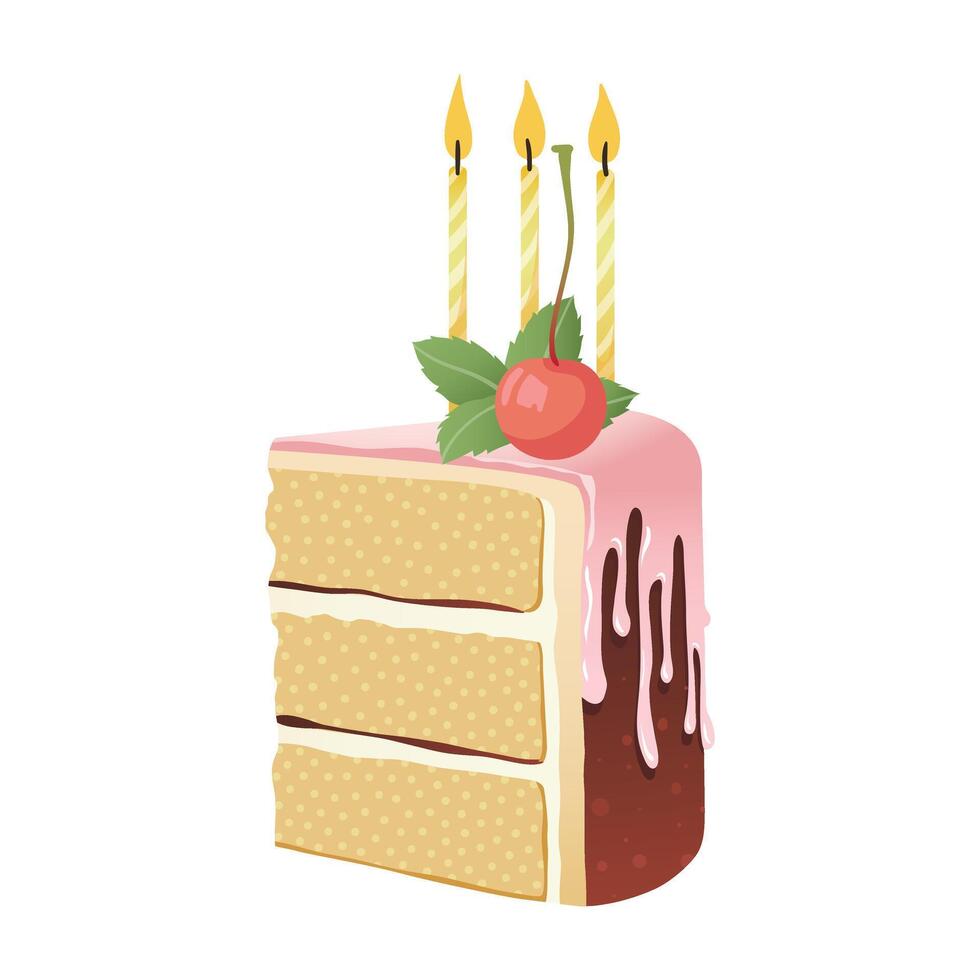 Scheibe von Geburtstag Kuchen mit Kerzen. Stück von Kuchen zum glücklich Geburtstag Gruß Karte, Aufkleber, Banner, und Postkarte. Vektor Illustration isoliert auf ein Weiß Hintergrund.