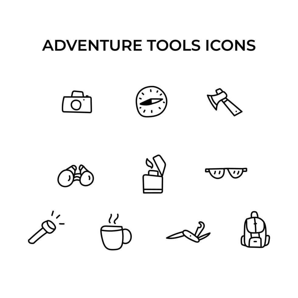 samling av hand dragen äventyr verktyg ikon, enkel klotter ikon vektor