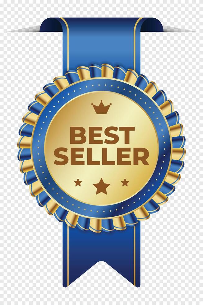 bäst säljare klistermärke märka med guld medalj och blå band. bäst säljare produkt märka. bäst säljare gyllene märka bricka vektor