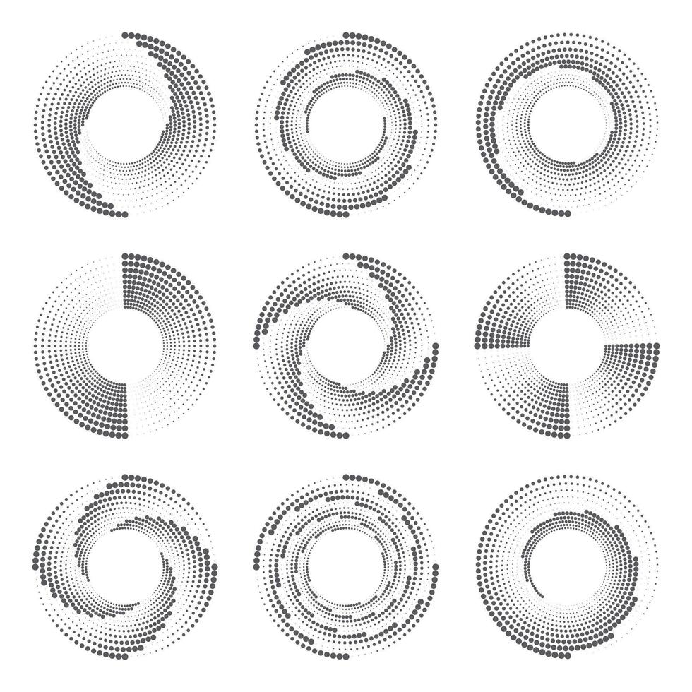 halvton cirkulär prickad ramar uppsättning. runda prickad ram. vektor roterande prickad cirklar design. halv toner samling. runda logotyp
