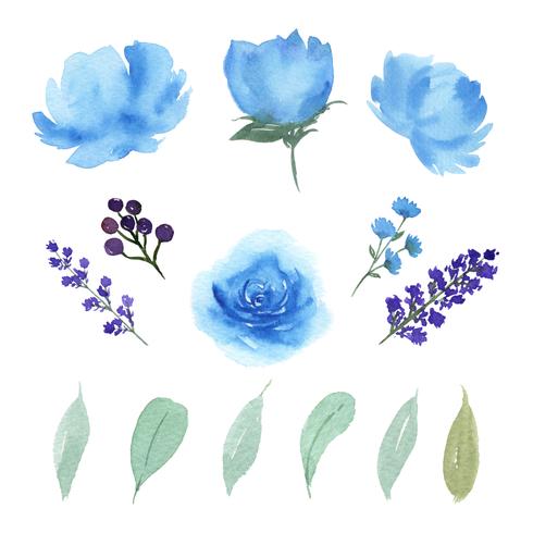 Blommor och blad akvarellelement sätter handmålade frodiga blommor. Illustration av ros, pion, små blommor vintage, isolerad vattenfärg. Design inredning för inbjudningskort, bröllop, affisch, banner. vektor