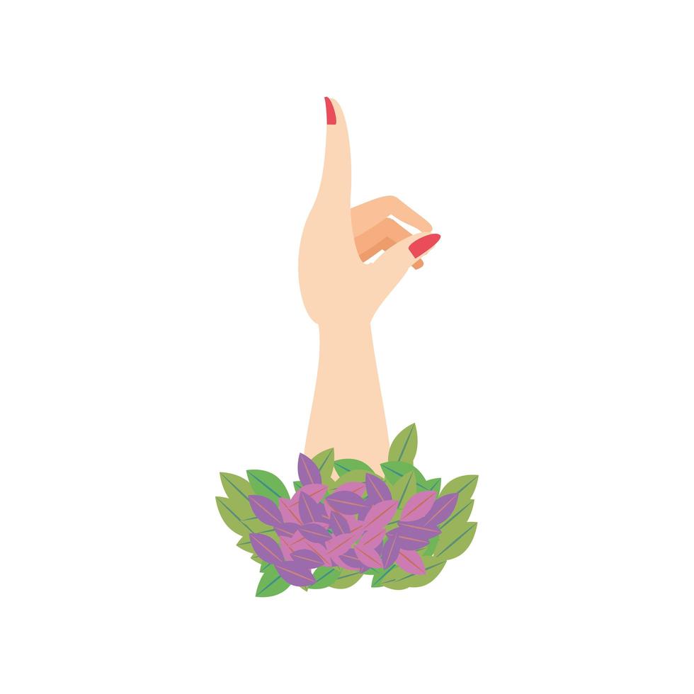 kvinnodag, kvinnligt hand höjde pekfingret med blommor i tecknad stil vektor