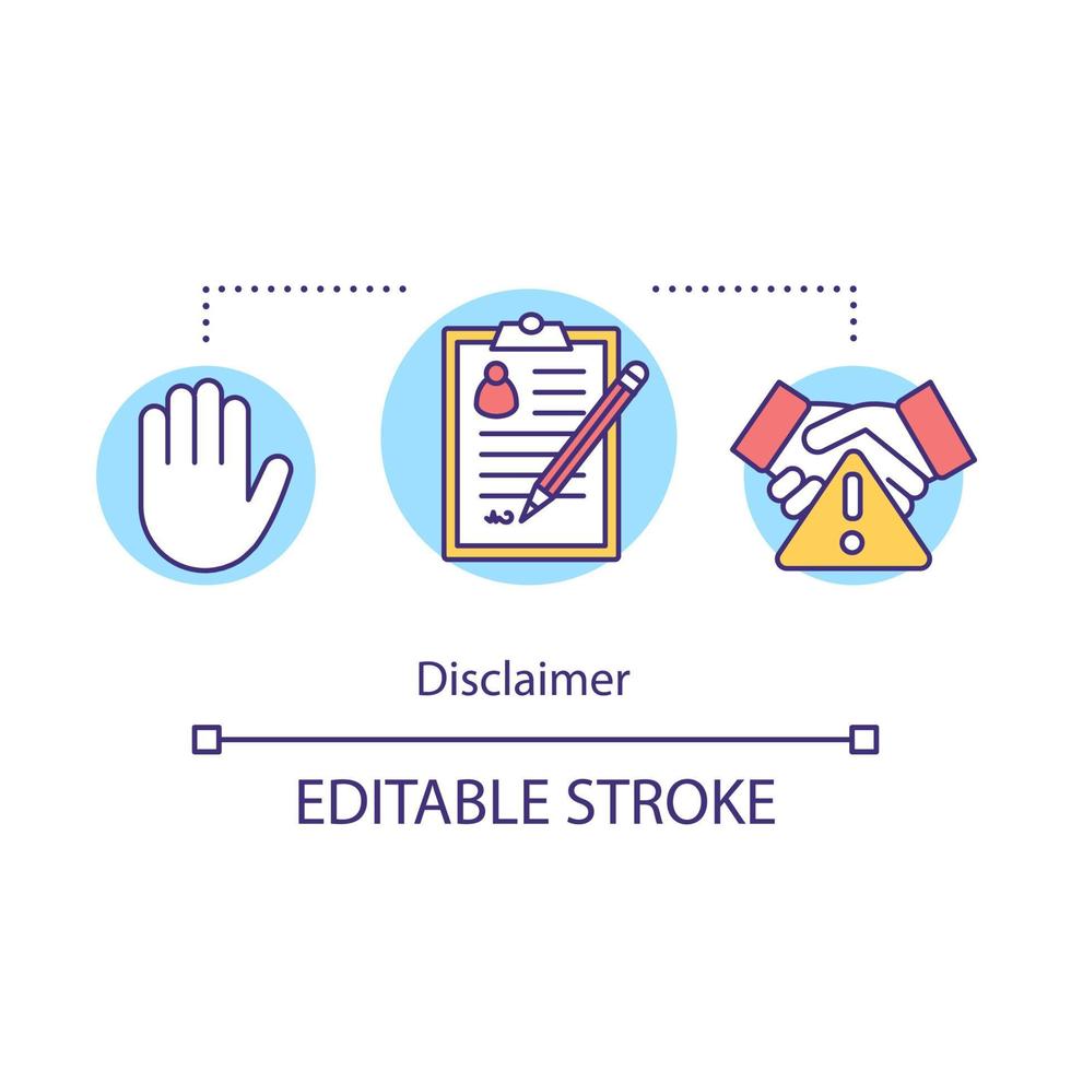 ansvarsfriskrivning konceptikon. farligt samarbete. deltagande i tvivelaktiga företag. avgång brev idé tunn linje illustration. vektor isolerade konturritning. redigerbar stroke