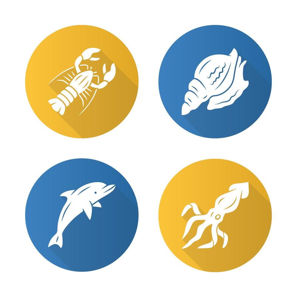 havsdjur platt design lång skugga glyph ikoner set. delfin, bläckfisk, hummer, triton. undervattensvärldens invånare. simfisk. havets fauna. fisk- och skaldjursrestaurangmeny. vektor silhuett illustration