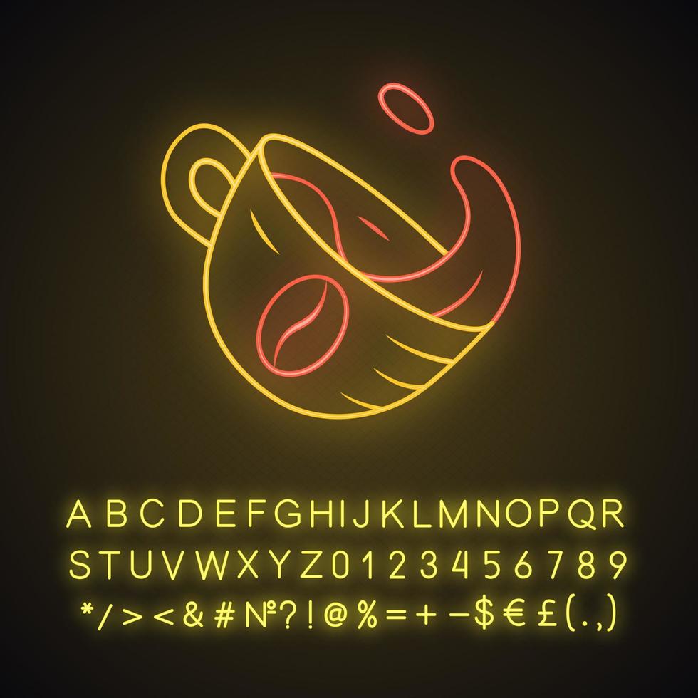 Kaffeetasse mit Spritzen-Neonlicht-Symbol. gebraut, Frühstücksgetränk. Bar-Menü. heiße dampfende Kaffeetasse. Espresso-Getränk. leuchtendes Schild mit Alphabet, Zahlen und Symbolen. isolierte Vektorgrafik vektor