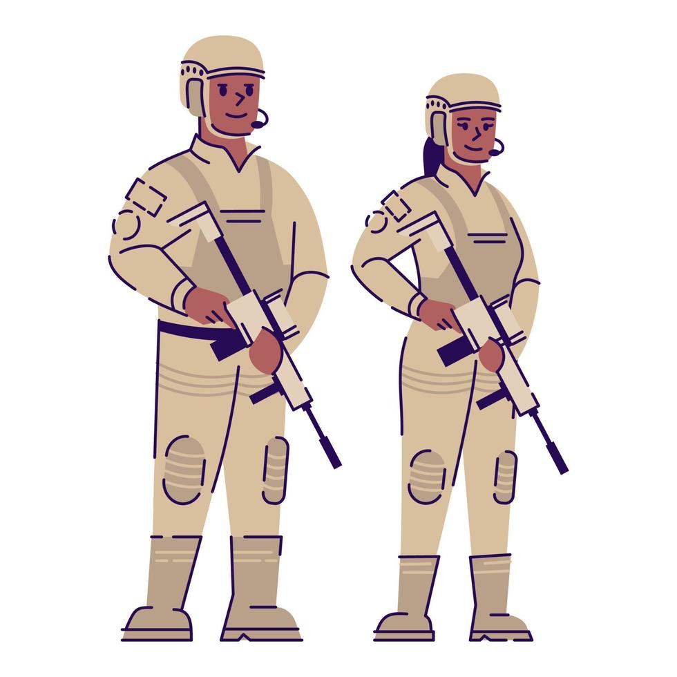 soldater platt vektor karaktär. militär man och kvinna med vapen och enhetlig tecknad illustration med kontur. afroamerikanska armé soldater par professionella prickskyttar, officerare isolerade på vitt