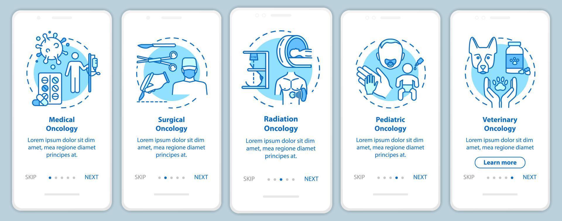 Onkologie Onboarding mobiler App-Seitenbildschirm mit Konzepten. medizinische und chirurgische Onkologie. Krebsbehandlung Walkthrough fünf Schritte grafische Anweisungen. ui-vektorvorlage mit rgb-farbillustrationen vektor