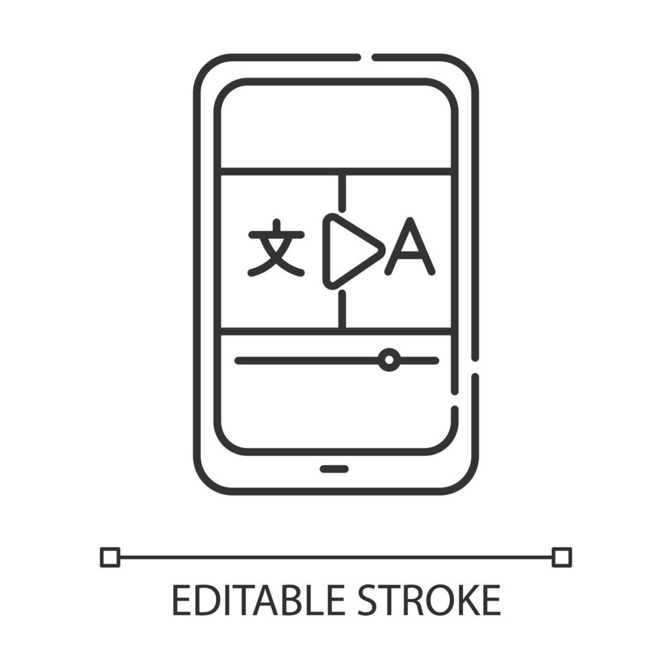 Lineares Symbol für die Videoübersetzung. Online-Wörterbuch-App. Übersetzungsdienst. visuelle Medieninterpretation. dünne Linie Abbildung. Kontursymbol. Vektor isolierte Umrisszeichnung. bearbeitbarer Strich