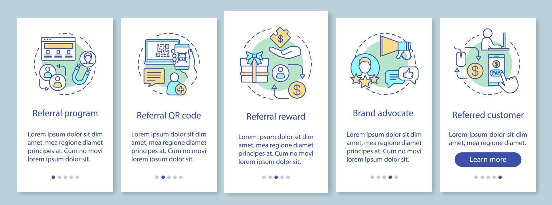 Empfehlungsmarketing-Tools für das Onboarding der Bildschirmvektorvorlage für die mobile App-Seite. Kundenanziehung, Kundenbindungskampagne. Website-Schritte mit linearen Illustrationen. ux, ui, gui Smartphone-Schnittstellenkonzept vektor