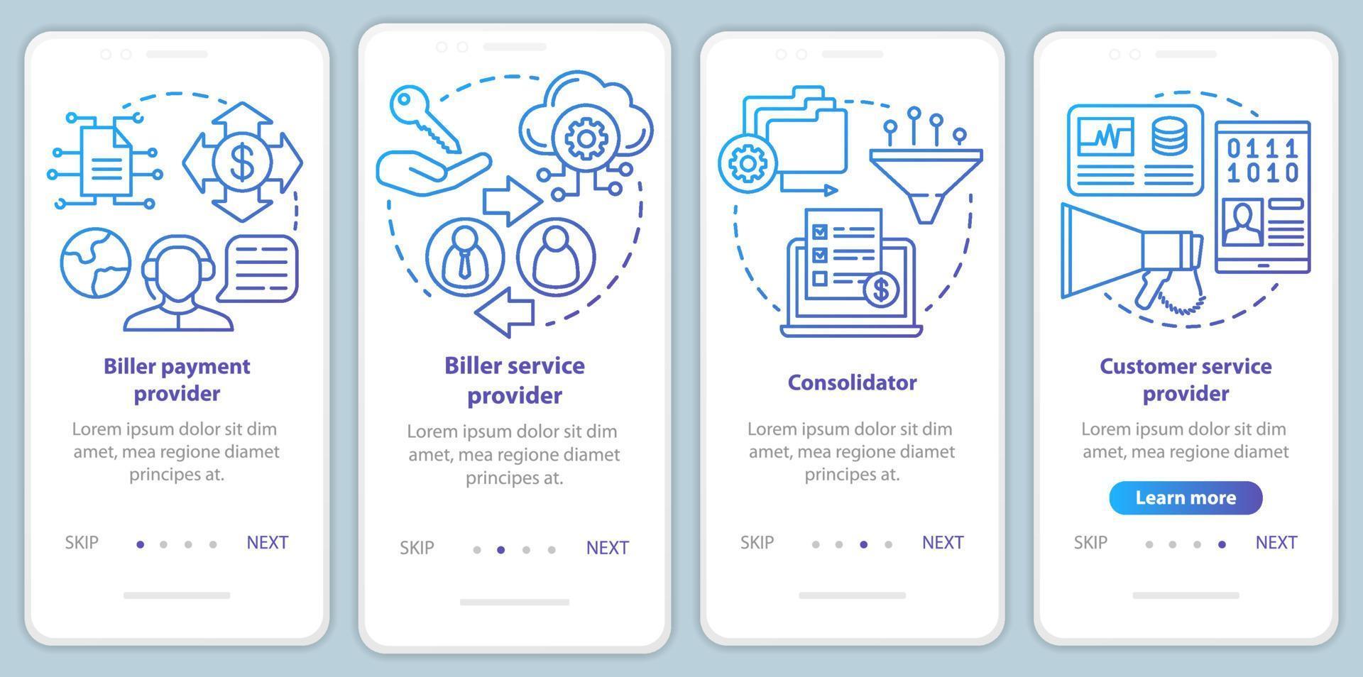 Abrechnungsdienste beim Onboarding der mobilen App-Seitenbildschirmvektorvorlage. Rechnungszahlung, Beratungsanbieter. Walkthrough-Website-Schritte mit linearen Illustrationen. ux, ui, gui Smartphone-Schnittstellenkonzept vektor