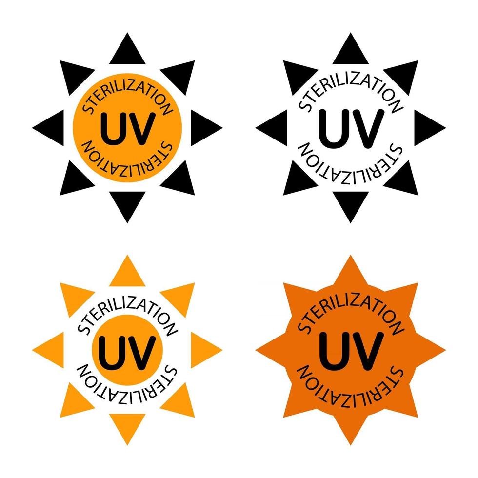 UV -steriliseringsstämpel. UV -desinfektionsmärke. märkesuppsättning för ultraviolett sterilisering. ultraviolett bakteriedödande bestrålning. ytrengöring, medicinsk sanering. vektor