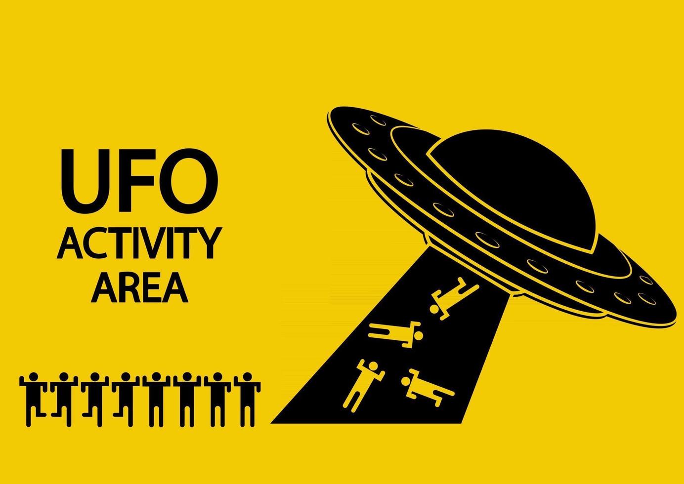 ufo-Aktivitätsbereich. fliegendes Raumschiff in schwarzer Farbe. ufo entführt Menschen. fliegende Untertasse. Außerirdisches Raumschiff im Glyphenstil, isoliert auf gelbem Hintergrund vektor