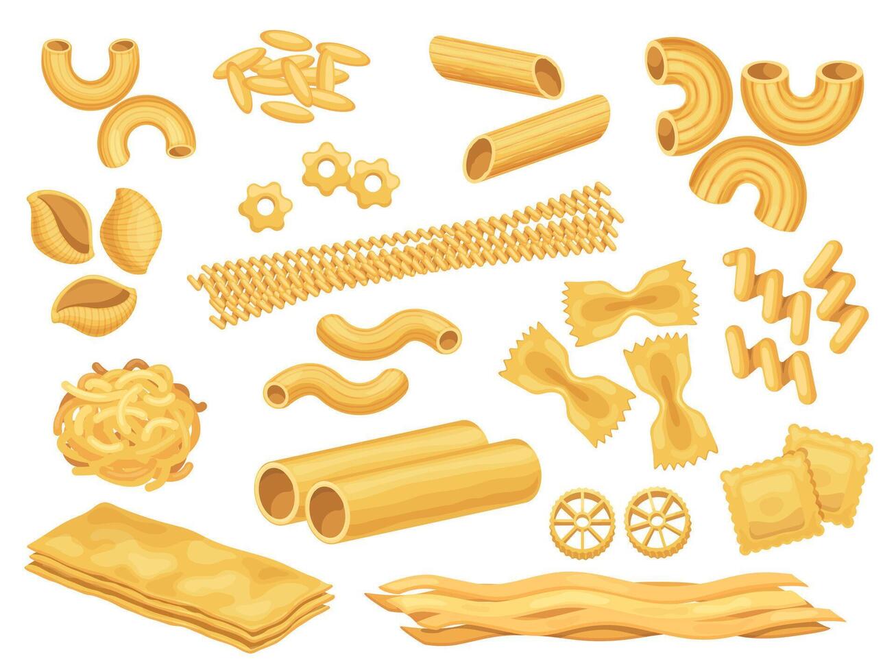 Karikatur Italienisch Pasta Typen, Makkaroni, Spaghetti und Ravioli. trocken Penne, Farfalle, Rigatoni und Lasagne Nudeln. Pasta Produkte Vektor einstellen