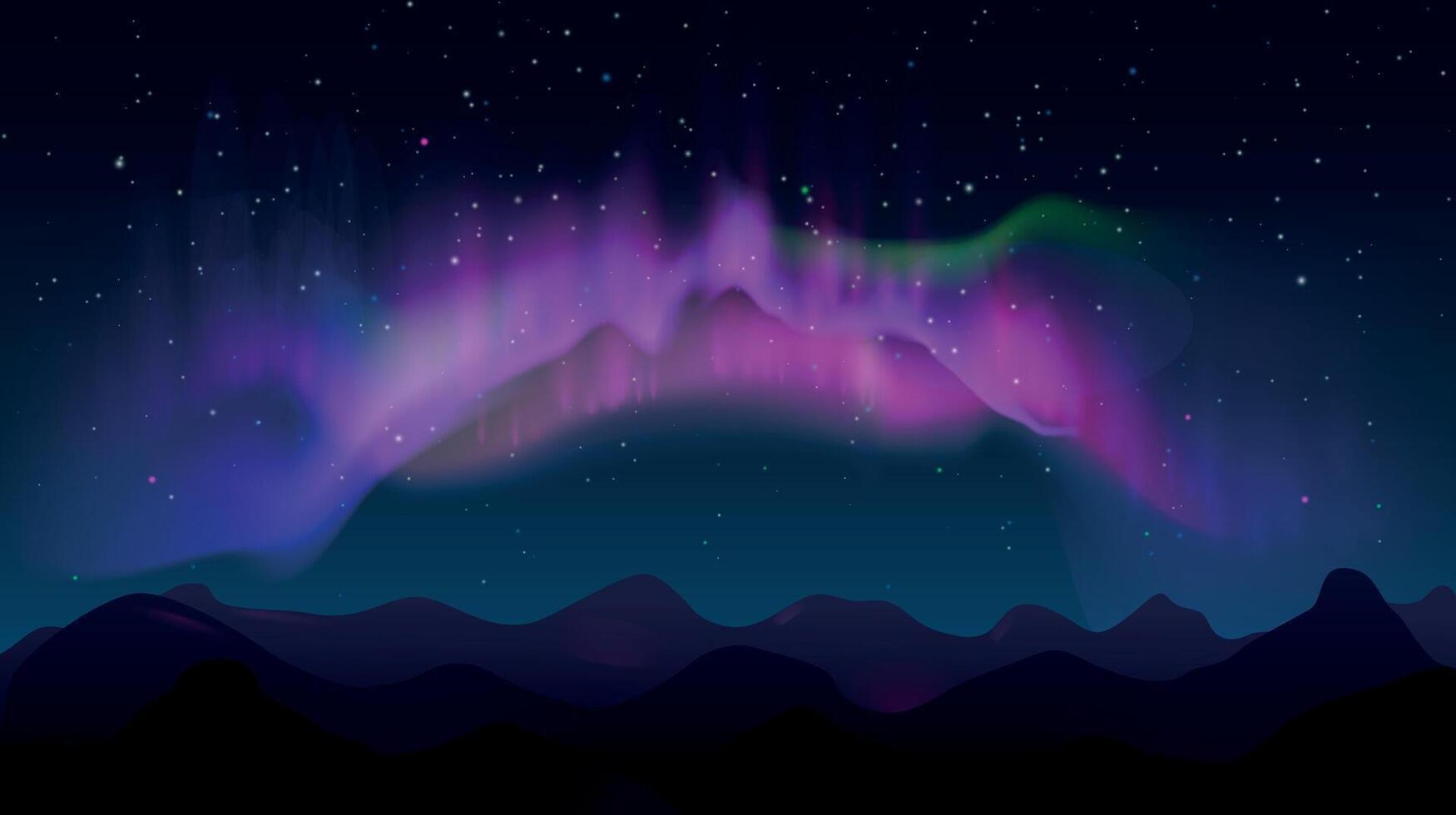 abstrakt berg natt landskap med aurora borealis och stjärnor. nordlig färgad lampor i himmel, polär naturlig lysande vektor illustration