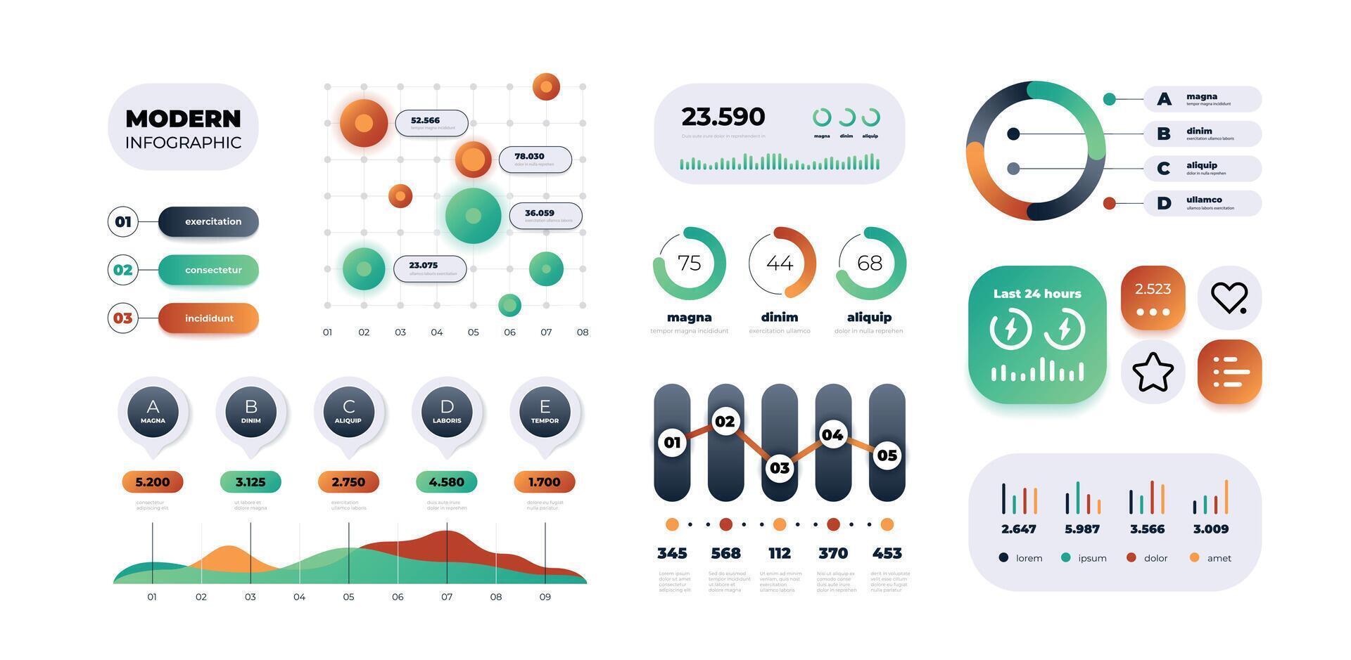 Graph Infografik. bunt modern fließen Diagramme und Diagramme, Möglichkeit und Schritt Zeitleiste, Gradient Grafik. Vektor isoliert einstellen