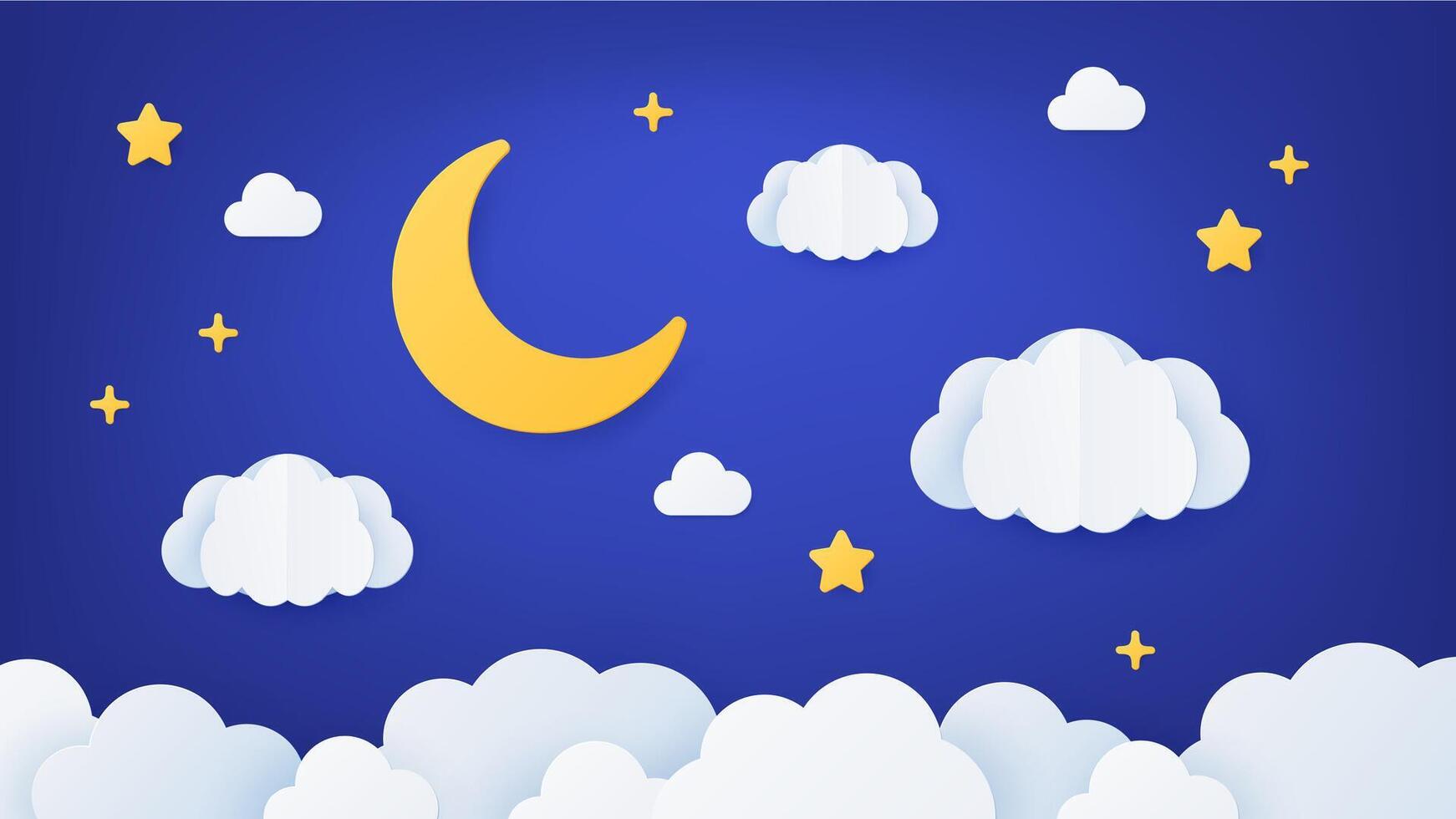 Papier Kunst Nacht Himmel. Origami Traum Landschaft Szene mit Mond, Sterne und Wolken. Papier Schnitt Karikatur Dekoration zum Baby schlafen, Vektor Konzept