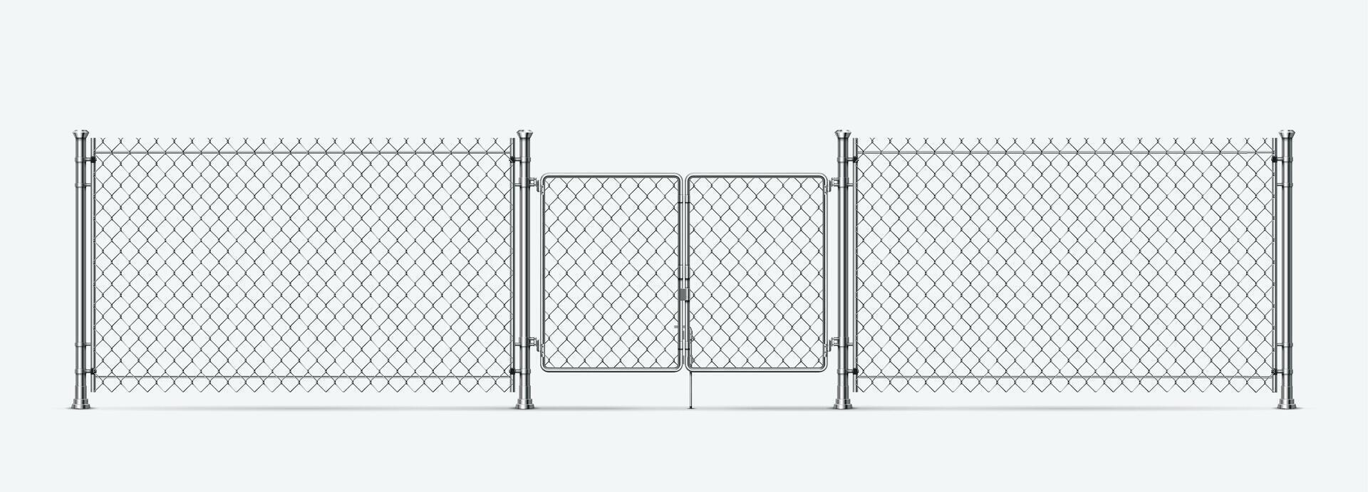 realistisch Stahl Draht Zaun mit Tore und Metall Säulen. Barriere Kette Verknüpfung Gittergewebe mit Tür. 3d Gefängnis oder Militär- Draht Rand Vektor Element