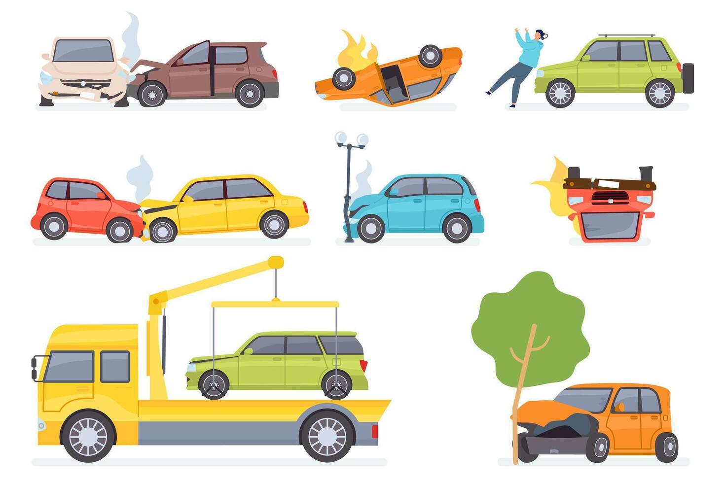 bilar olycka. försäkring transport på bogsera lastbil, bil kollision med träd eller gata ljus, slå fotgängare. fordon krascha vektor uppsättning