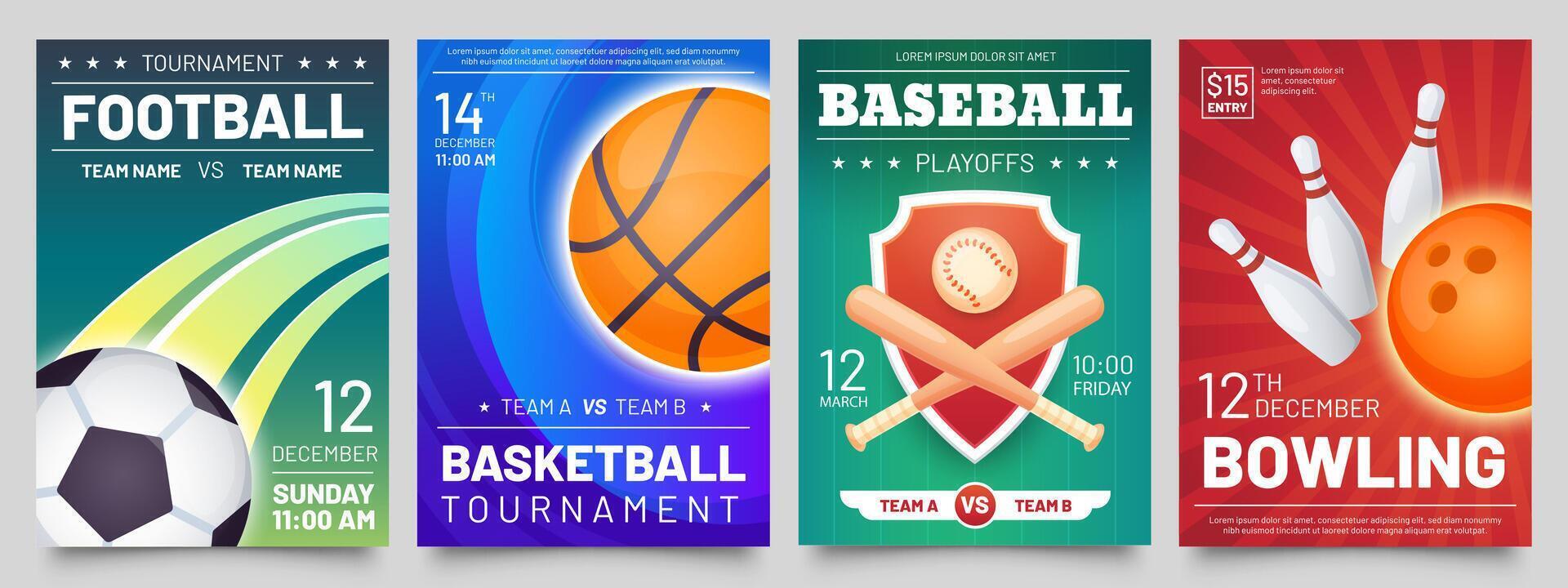 sport spel flygblad. basketboll, baseboll, fotboll match och bowling turnering affischer. fotboll, boll spel händelse baner mallar vektor uppsättning