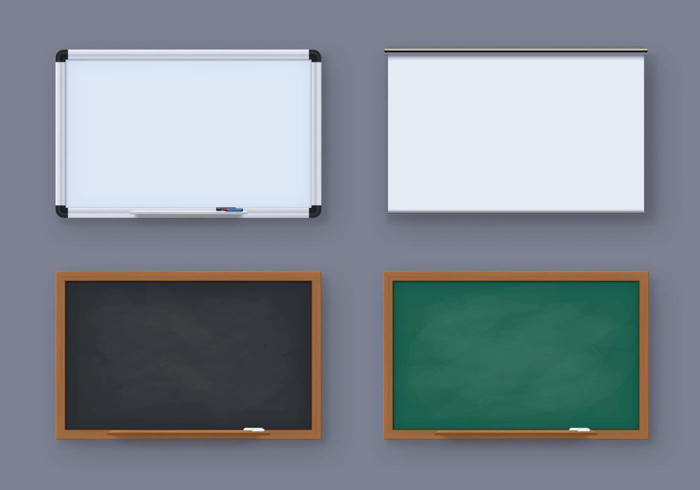 realistisk grön svarta tavlan, vit markör styrelse och projektor skärm. skola gammal svarta tavlan. styrelser för utbildning eller presentation vektor uppsättning