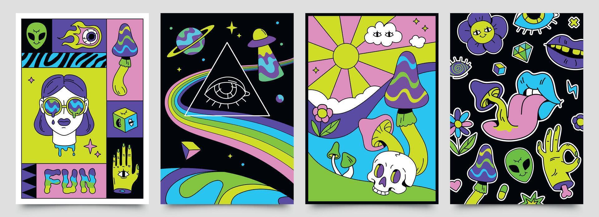 retro psychedelisch Hippie Plakate mit Raum, Pilze und Regenbögen. 70er Jahre abstrakt Abdeckungen mit Schädel, schwebend Augen, verrückt Lippen Vektor einstellen
