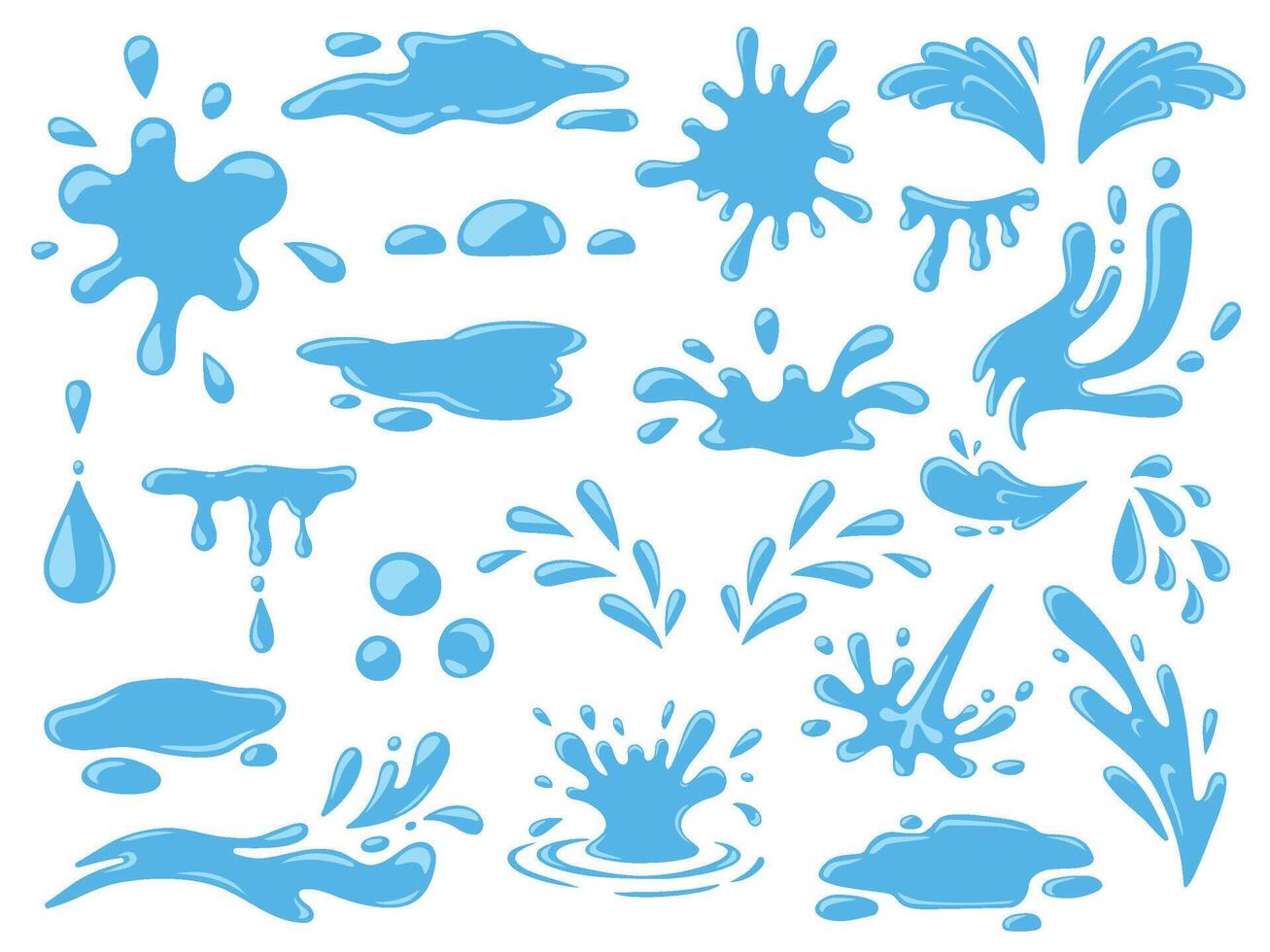 tecknad serie vatten stänk, faller regn droppar, vågor och spill. färsk aqua ström, vattenpölar och blinkar. natur blå flytande form ikoner vektor uppsättning