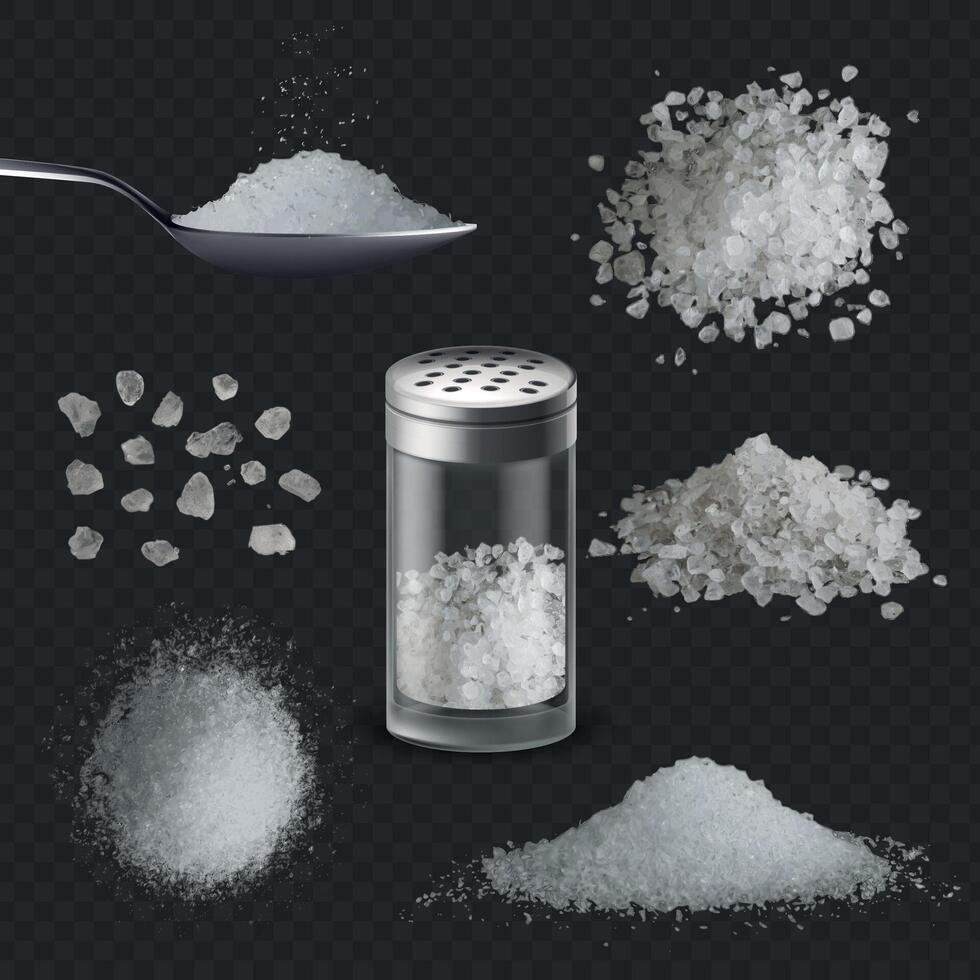 realistisk salt. 3d vit salt pulver krydda i sked. hav ätlig sten salt i glas shaker flaska, korn och högar. krydda vektor uppsättning