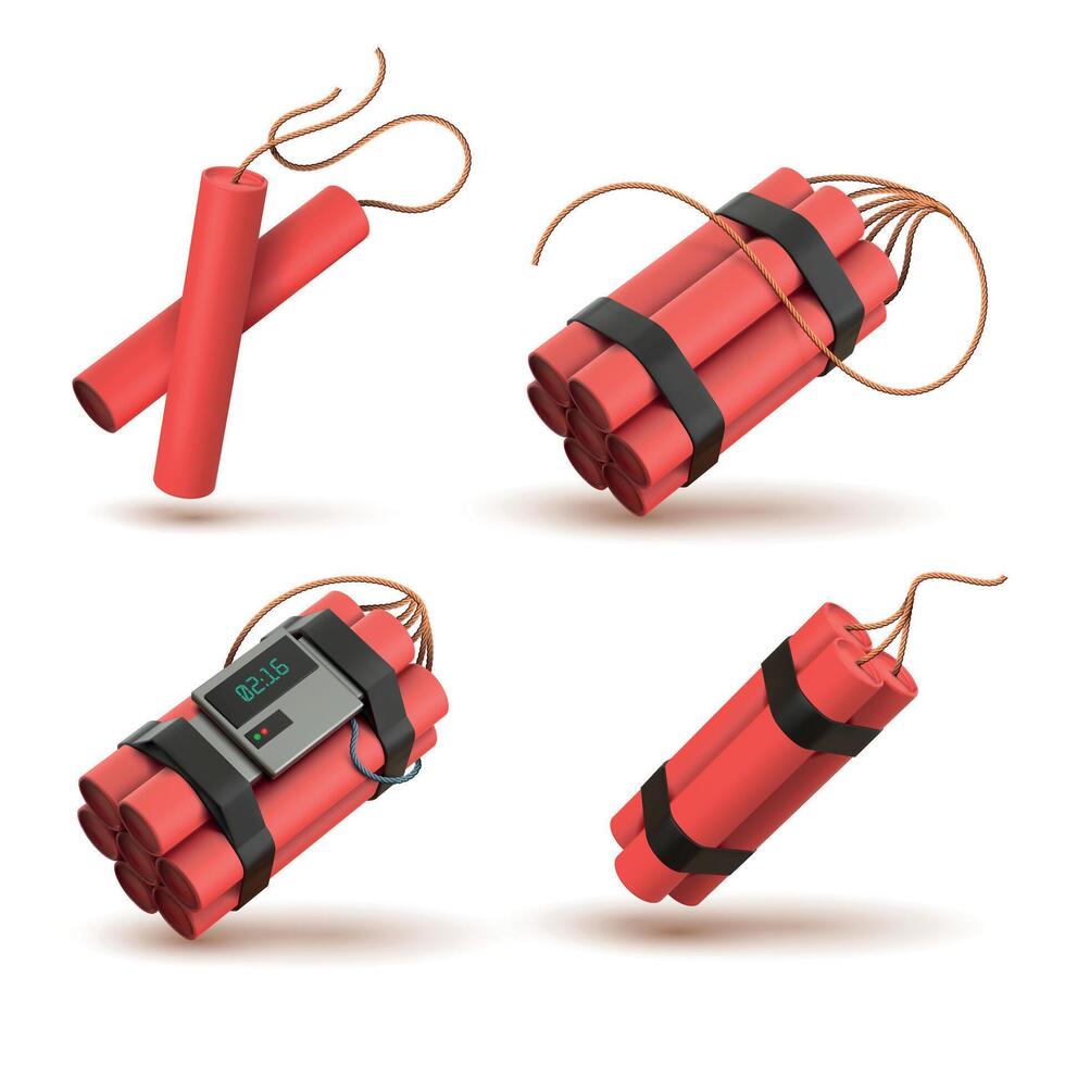 realistisk 3d röd dynamit bomba med elektronisk timer detonator. tnt pinnar med veke. explosiv vapen, pyroteknisk, smällare vektor uppsättning