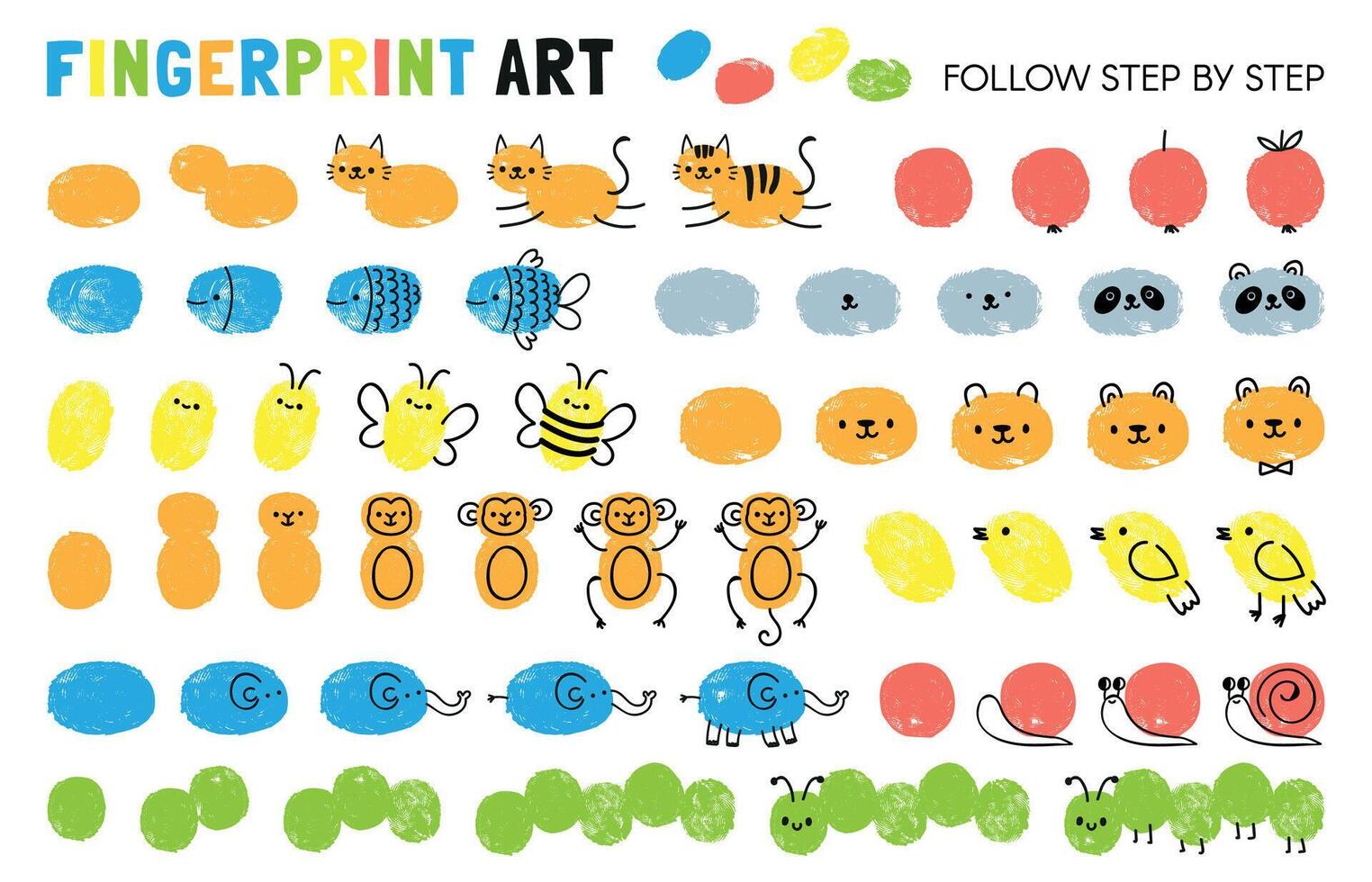 Fingerabdruck Kunst Schritte. Arbeitsblatt zum Kind Lernen zu zeichnen Tiere. Farbe mit Finger drucken Kindergarten Aktivität. Spiel zum Kind Vektor Seite