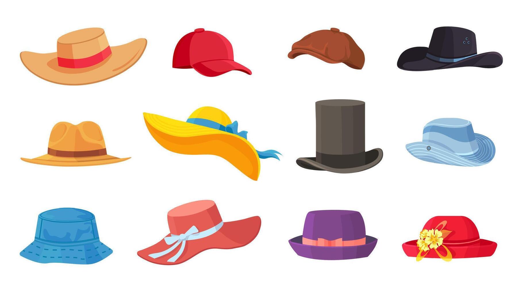 Karikatur Hüte. weiblich und männlich Kopfbedeckung, Derby und Cowboy, Stroh Hut, Deckel, Panama und Zylinder. Sommer- Frauen Jahrgang Mode Hüte Vektor einstellen