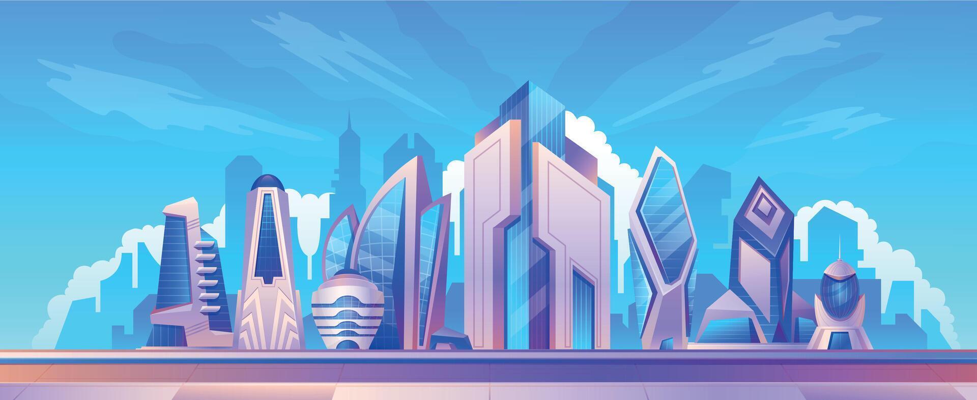 Karikatur futuristisch Clever Stadt Landschaft mit Glas Wolkenkratzer. modern städtisch Stadtbild die Architektur. Zukunft Metropole Gebäude Vektor Szene