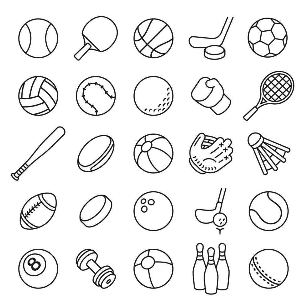 boll sporter linje ikoner. översikt Utrustning för fotboll, tennis, badminton och fotboll, baseboll och boxning. tunn linjär spel logotyp vektor uppsättning