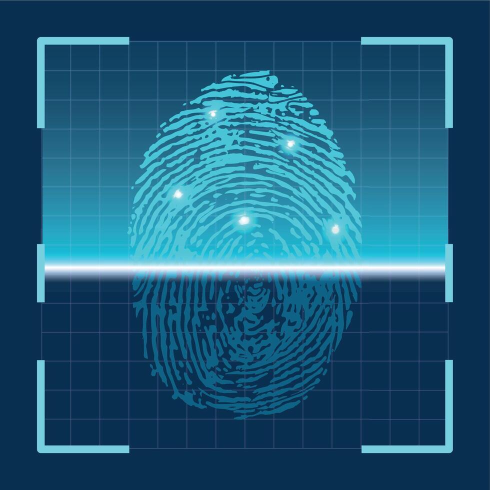 fingeravtryck skanna. finger läser in biometrisk id trogen teknologi. Identifiering säkerhet systemet sensor. tumme scanner vektor begrepp