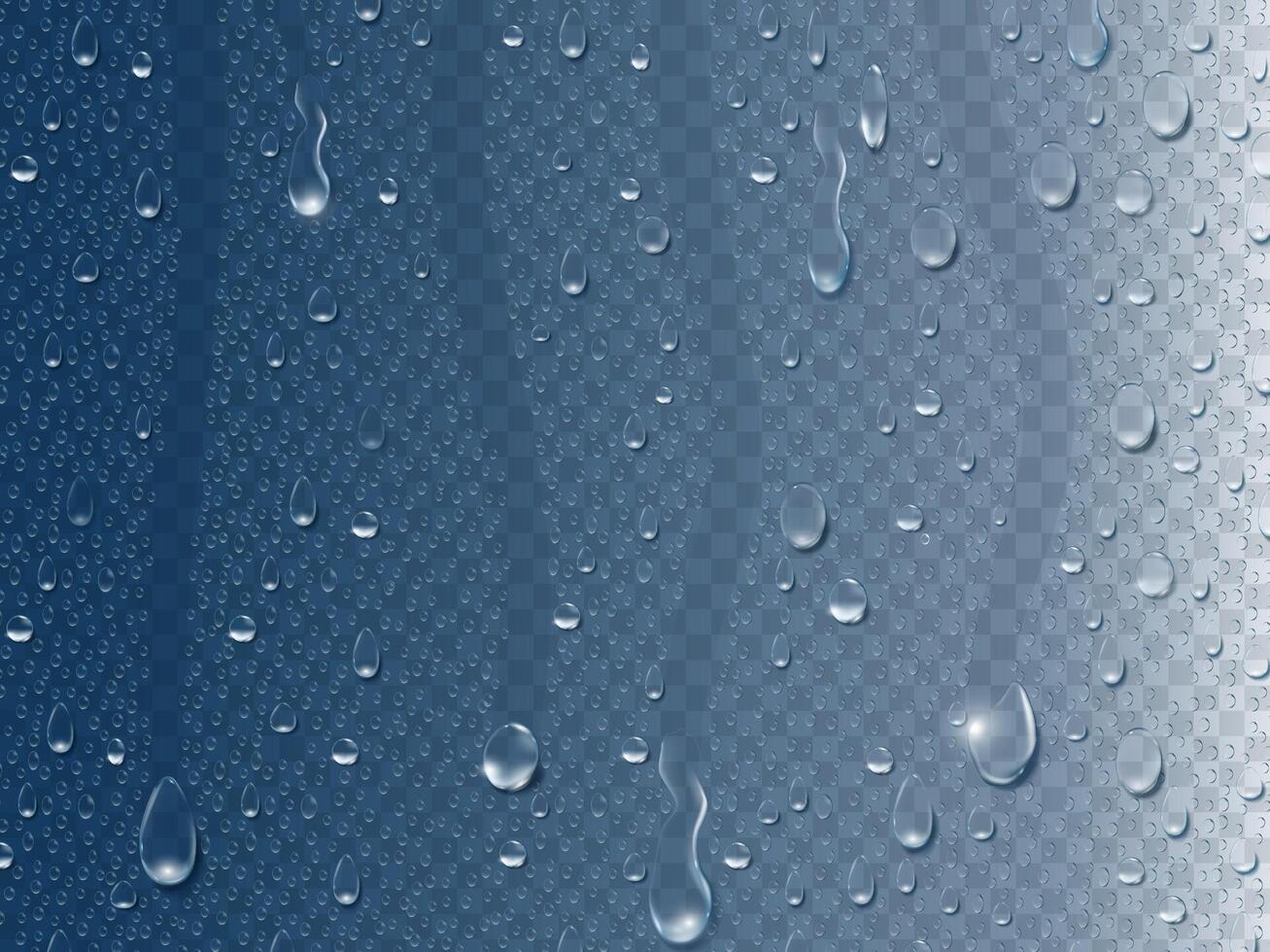 Regen Tropfen auf Fenster. realistisch 3d Kondensation Wasser fallen und Dampf Blase auf Glas Oberfläche. rein Flüssigkeit Tröpfchen Vektor transparent Konzept